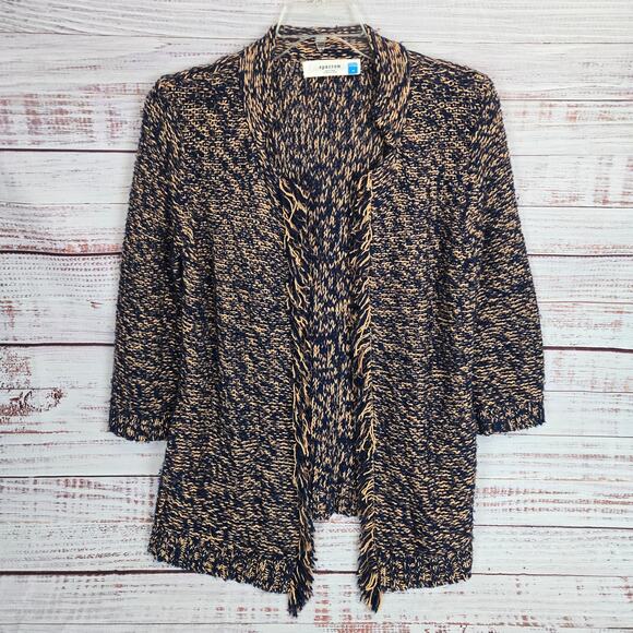 Anthropologie Sparrow Knit Cardigan M Navy Tan Fringe Boho Sweater with Pockets - Picture 1 of 13
